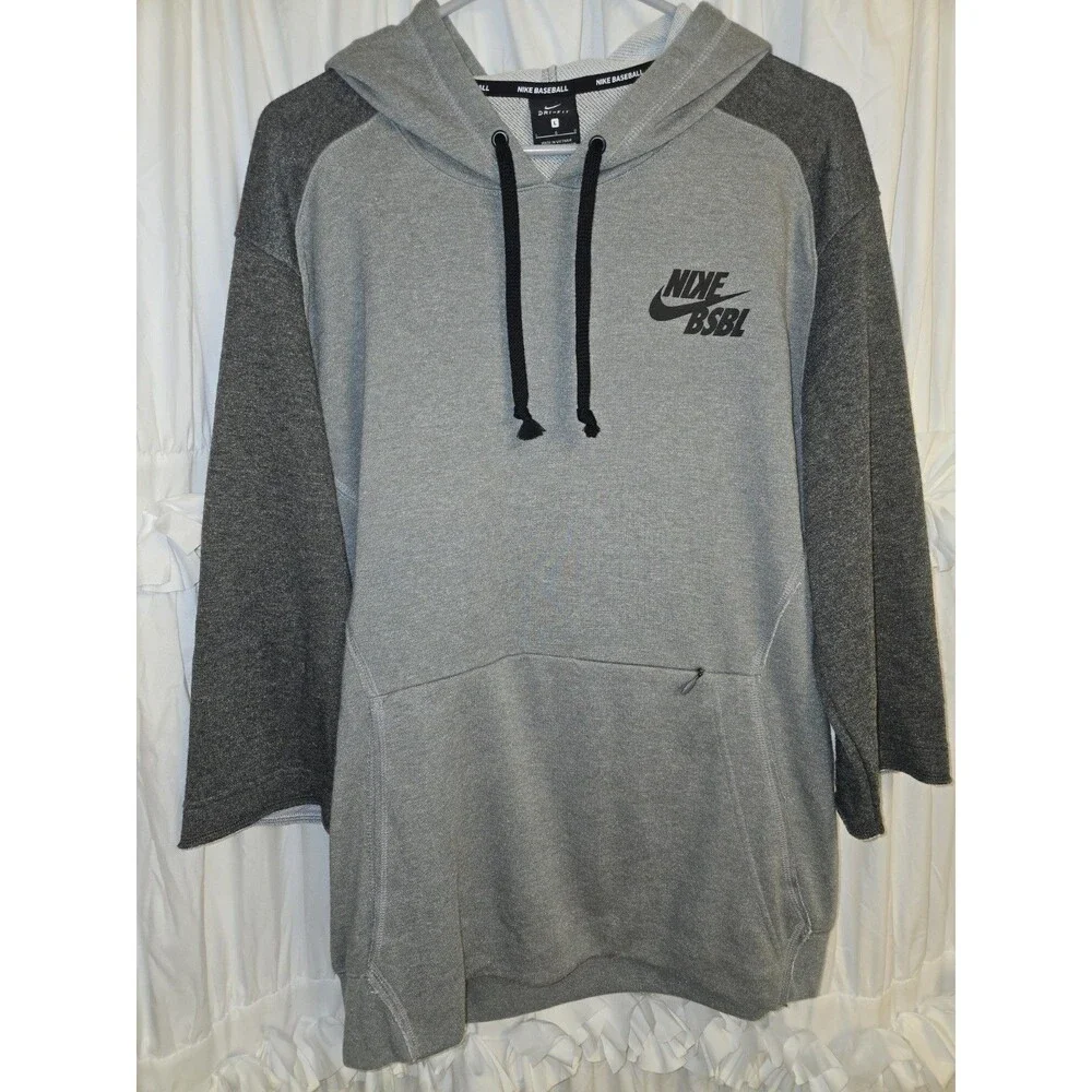 Nike Men Dri-FIT Baseball Pullover Hoodie Gray 3/4 Sleeve Large